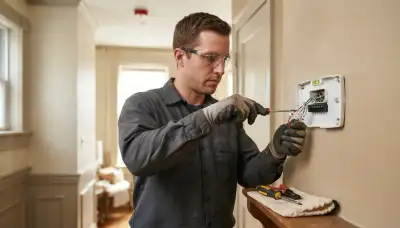 Baltimore, MD electrician mounting and wiring a thermostat base with a screwdriver