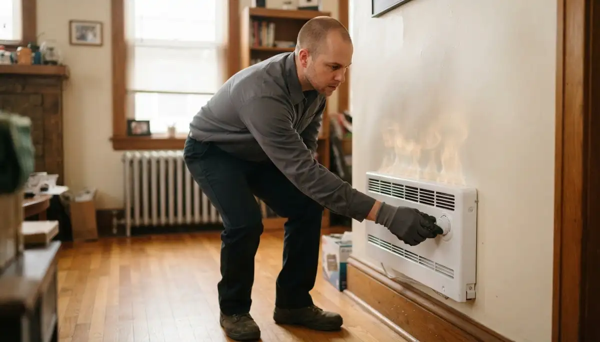 Baltimore, MD electrician adjusts an electric heater thermostat as warm air flows from the wall-mounted unit
