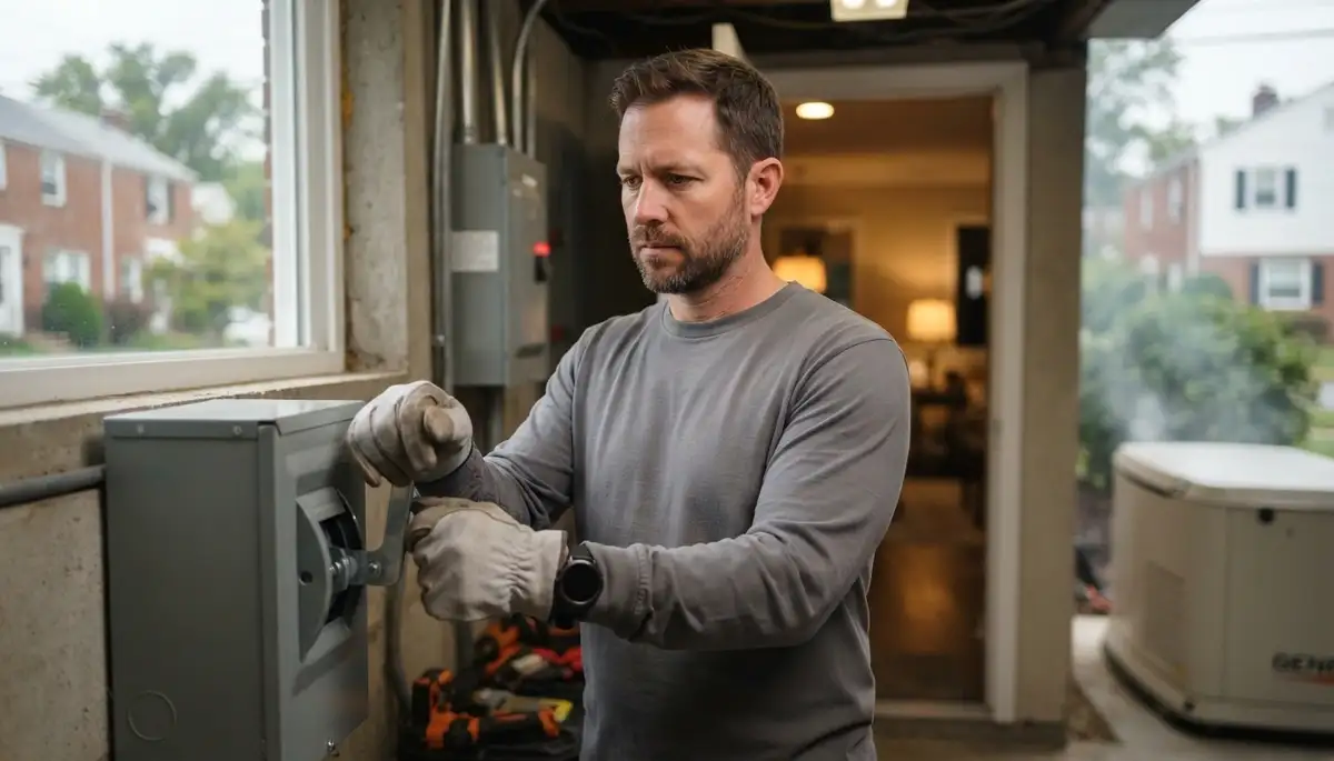 Baltimore, MD electrician tests a generator transfer switch, confirming essential circuits receive backup power.