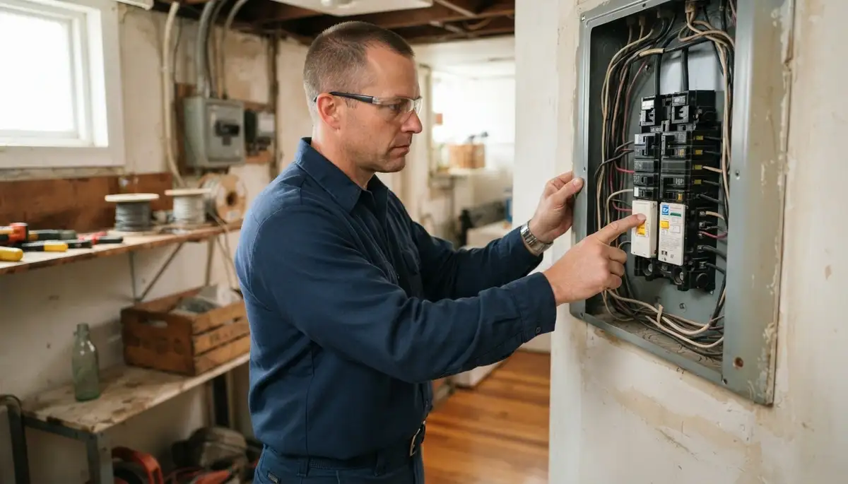 Baltimore electrician presses GFCI breaker test button during trip test verification