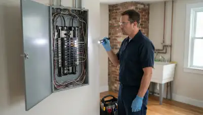 Electrician conducting a whole-home electrical inspection in Essex, MD, identifying wiring and code issues
