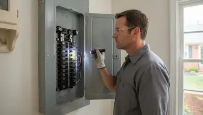 Electrician conducting a whole-home electrical inspection in Pikesville, MD, checking wiring, breakers, and safety sy...