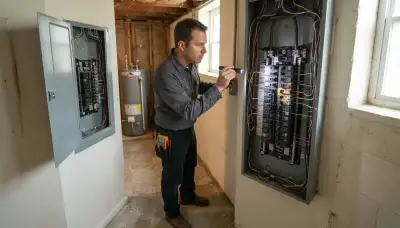 Electrician performing a whole-home electrical inspection at a Towson, MD residence