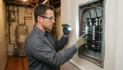 Electrician assessing a Baltimore, MD home electrical panel for whole-home surge protection installation