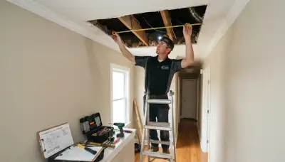 Electrician assesses hallway ceiling joists and attic clearance for whole-house fan installation in Baltimore, MD