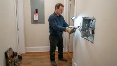 Electrician replacing damaged wiring and device in an open junction box in Baltimore, MD