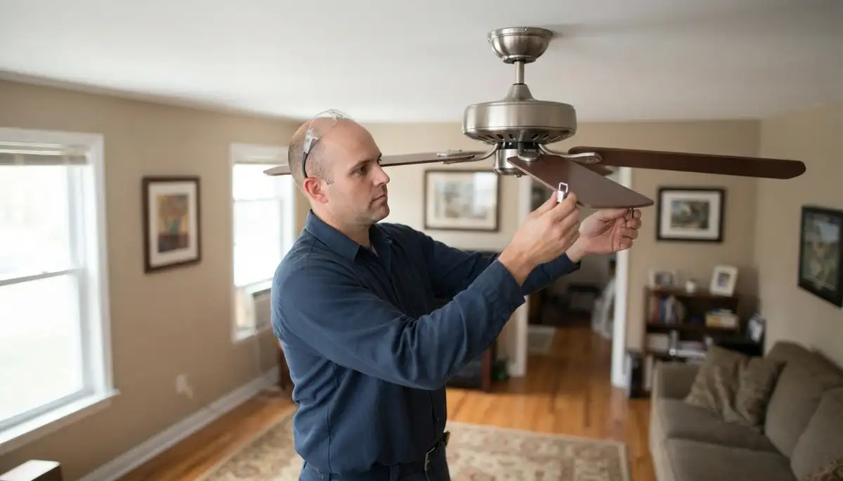 Baltimore, MD electrician balances a ceiling fan blade with a clip-on weight during repair
